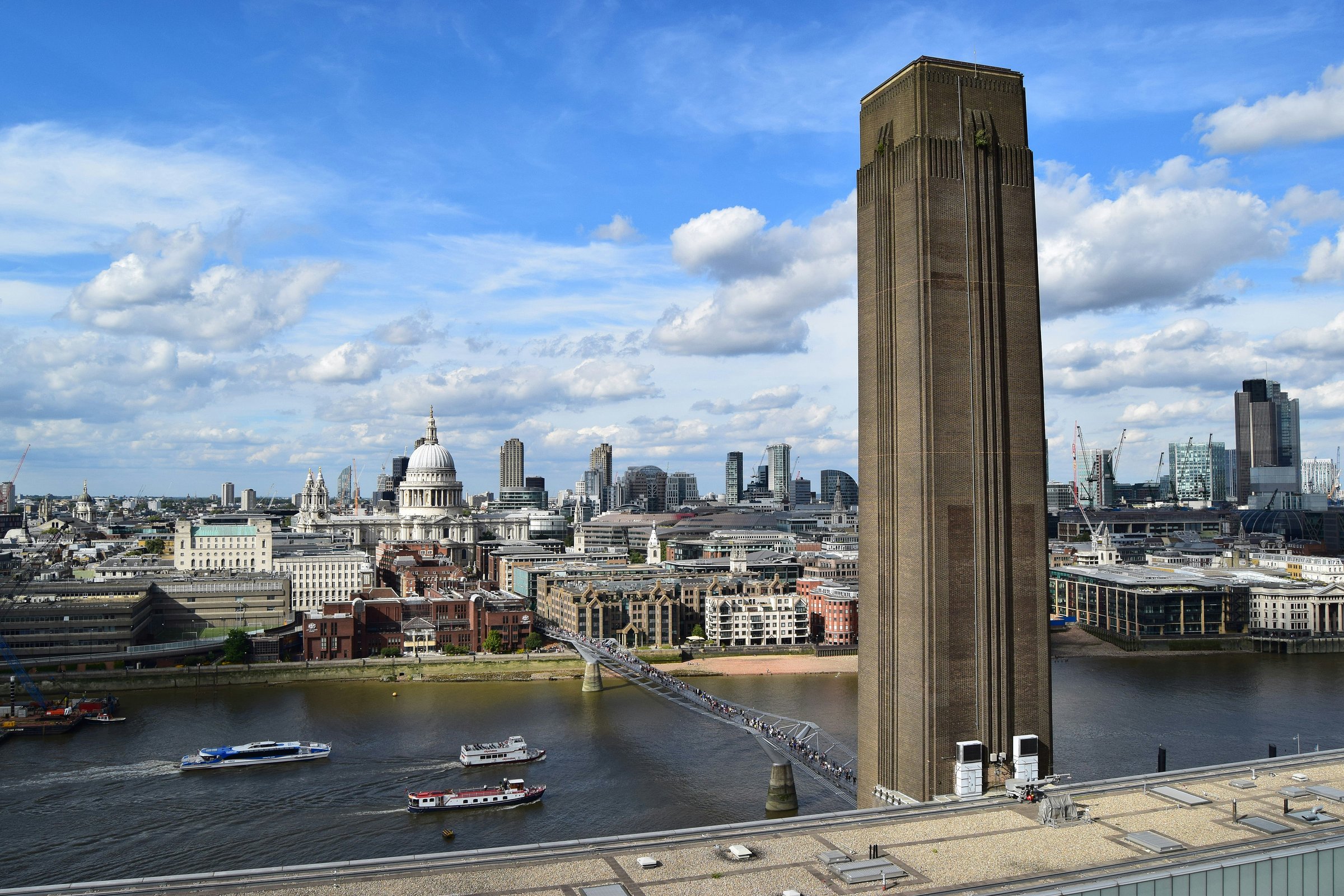 Skyline view of London from Tate Modern, featuring the Millennium Bridge and St. Paul’s Cathedral across the River Thames.